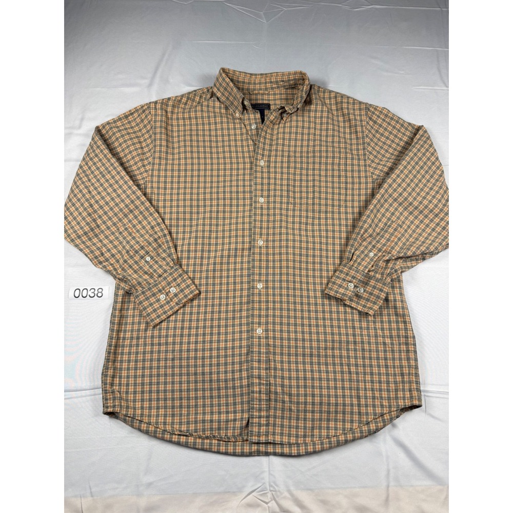 Saddlebred Mens Medium Orange Blue Plaid Long Sleeve Button Down Cotton Shirt